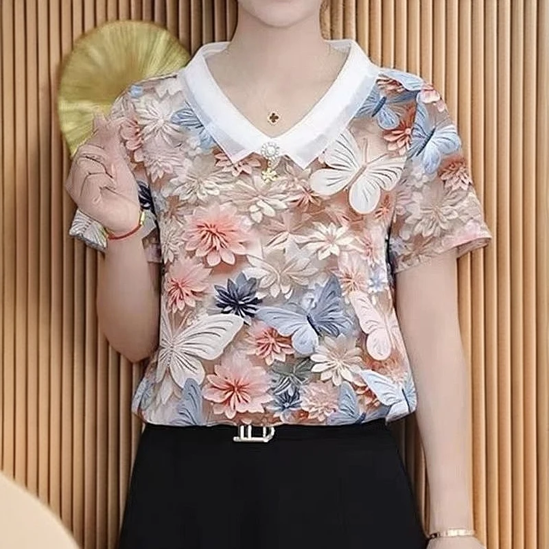 7124中老年女印花娃娃领短袖230克冰丝显瘦时尚夏装女士减龄百搭