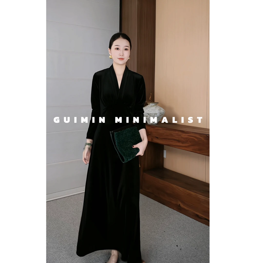 GUIMIN | 星汉流光 丝绒V领瘦腰美背长袖连衣裙 10028