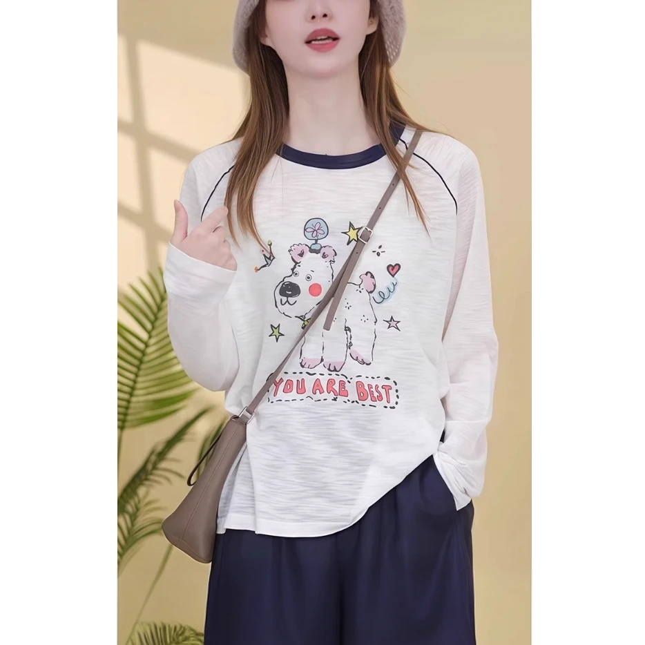 卡通印花雪花棉长袖T恤女棉麻秋装韩系减龄宽松显瘦上衣服打底衫