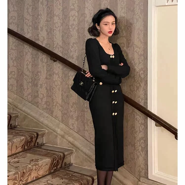 酒午自制法式复古春秋气质泡泡袖小香粗花呢修身连衣裙女KFL2224