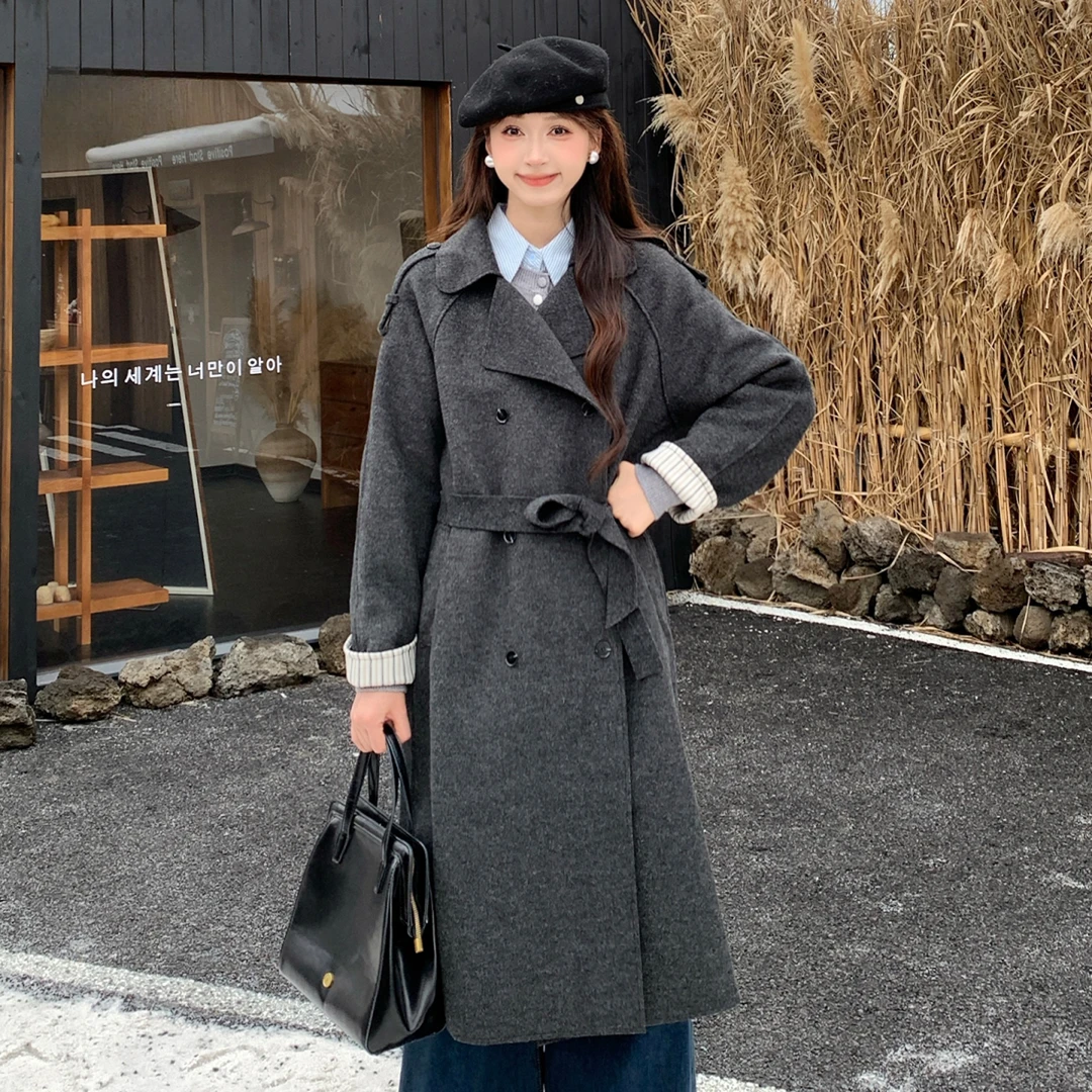 慕兔韩系灰色西装领毛呢大衣女2025冬季新款高级感中长款呢子外套