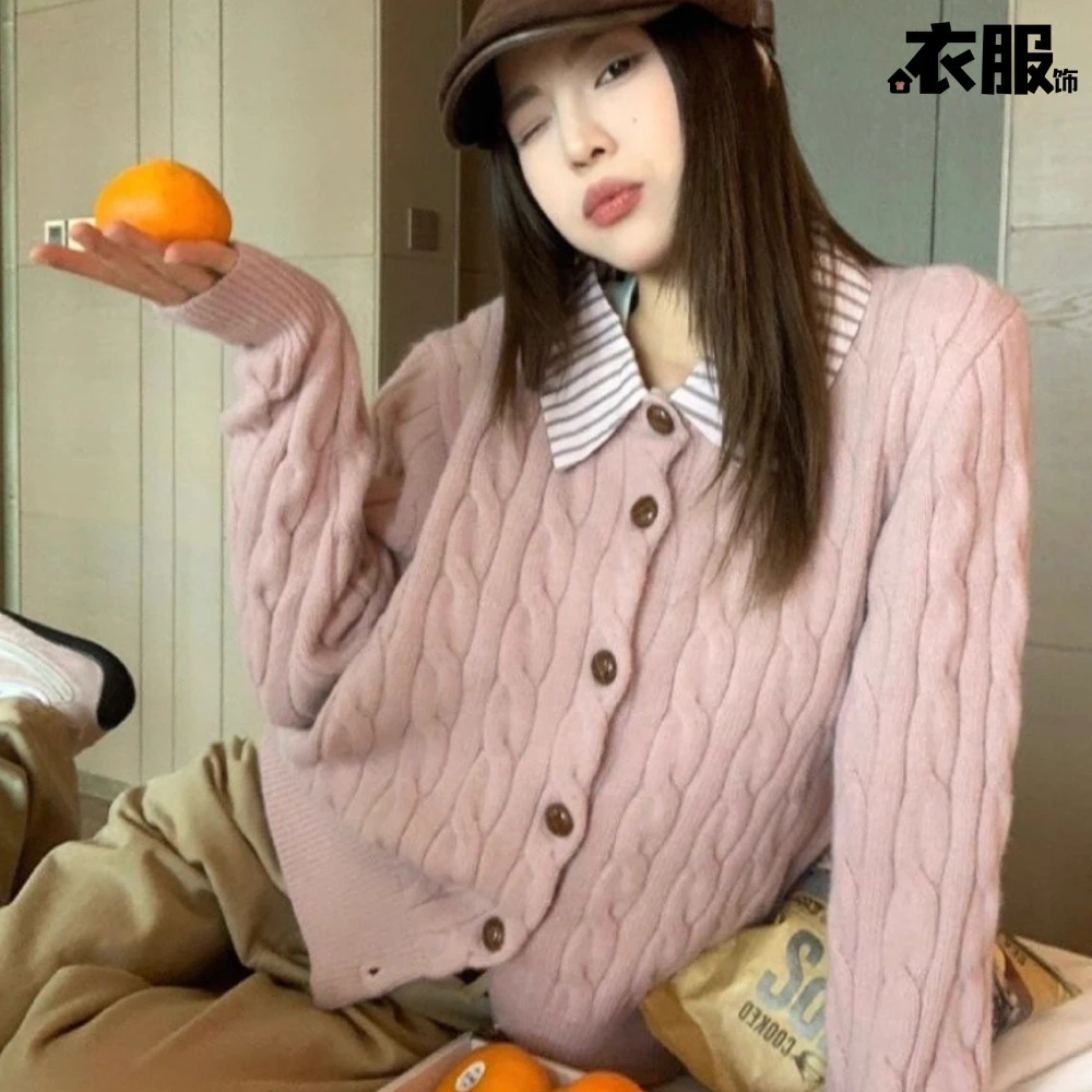 假两件粉色绿色polo领针织开衫上衣女秋冬季新款外穿独特毛衣外套
