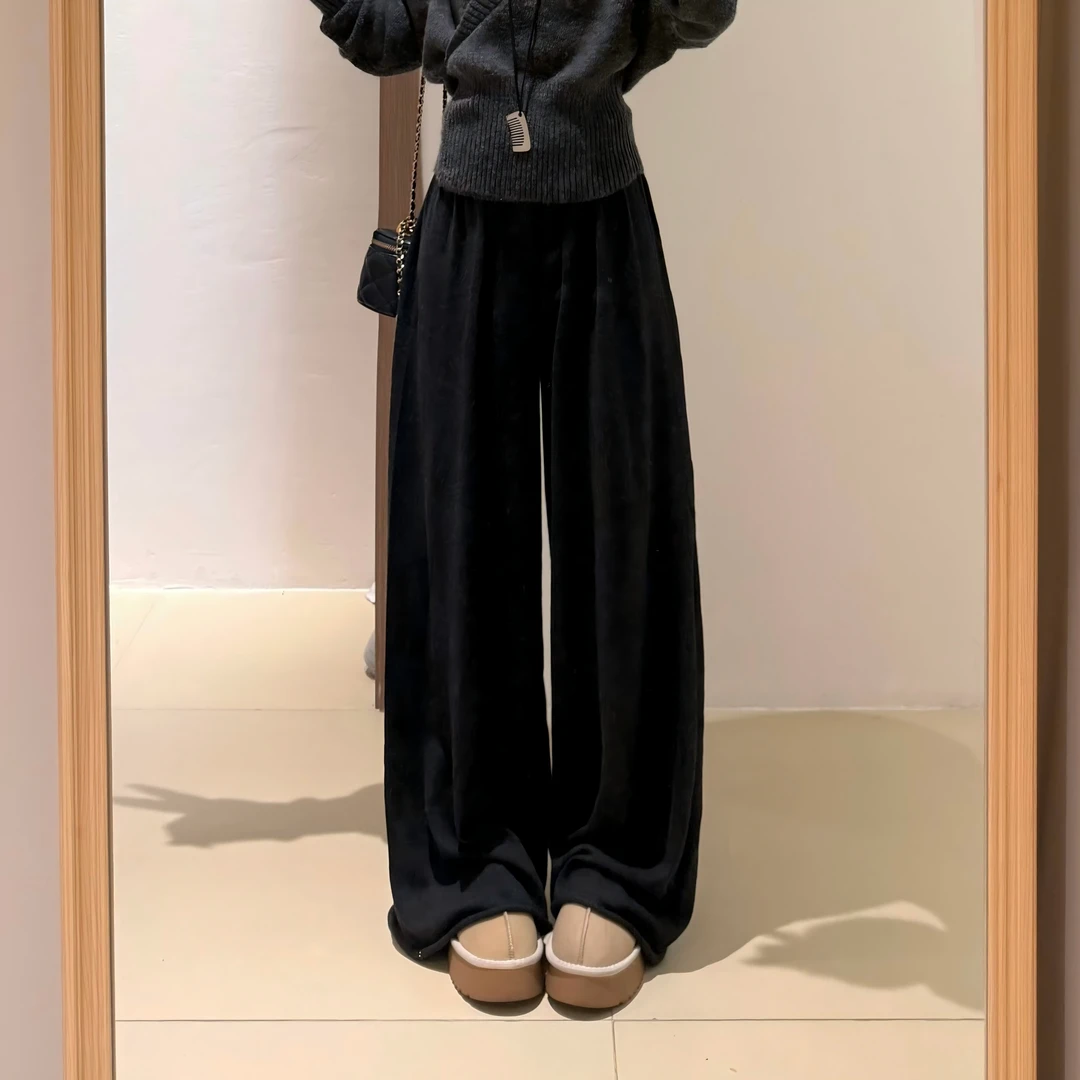【鱼阿游】松紧腰透气高腰阔腿裤秋季针织休闲裤直筒裤纯色厚款长裤