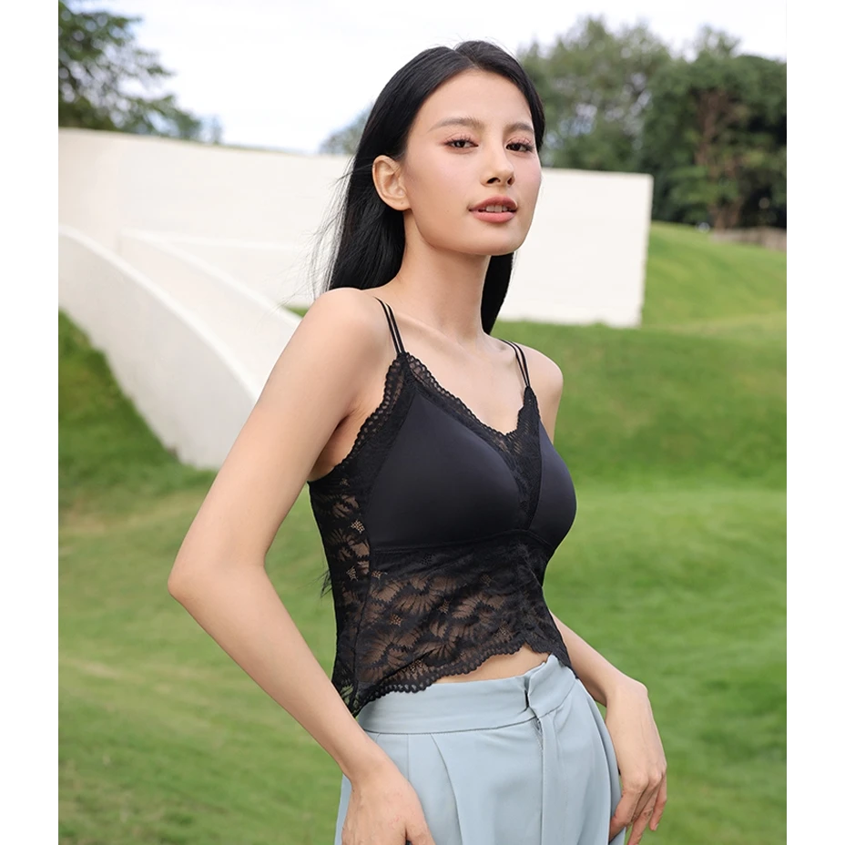 法式蕾丝缎面时尚内衣人鱼尾纱自带杯垫 性感聚拢打底吊带美背