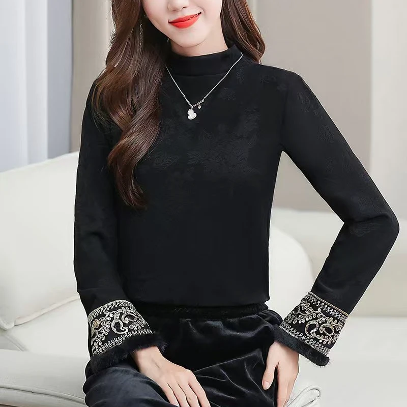 【嫣蕾】秋冬加绒加厚国风提花长袖打底上衣