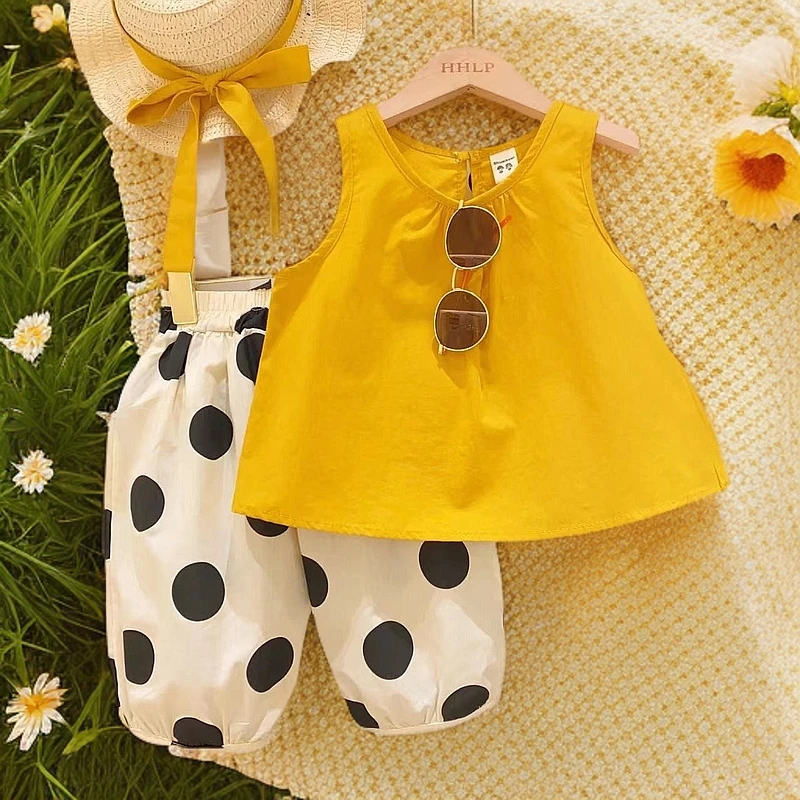 女童小童闺蜜装清新波点背心休闲裤公主裙两件套夏装送草帽儿童