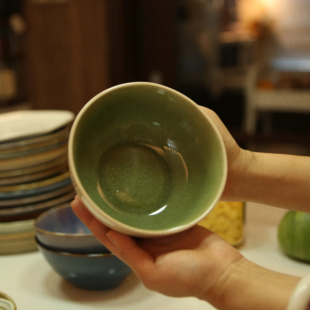 MAKEAFRIEND【一汪水】翠绿色好高级圆形高温釉下彩窑变汤碗菜碗