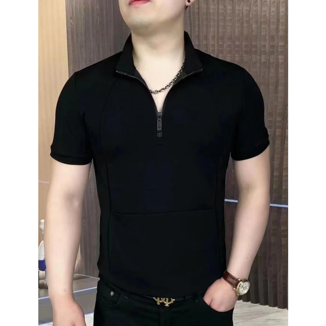 欧洲站新款短袖半拉链t恤男士夏季高端透气半袖黑色polo衫上衣服