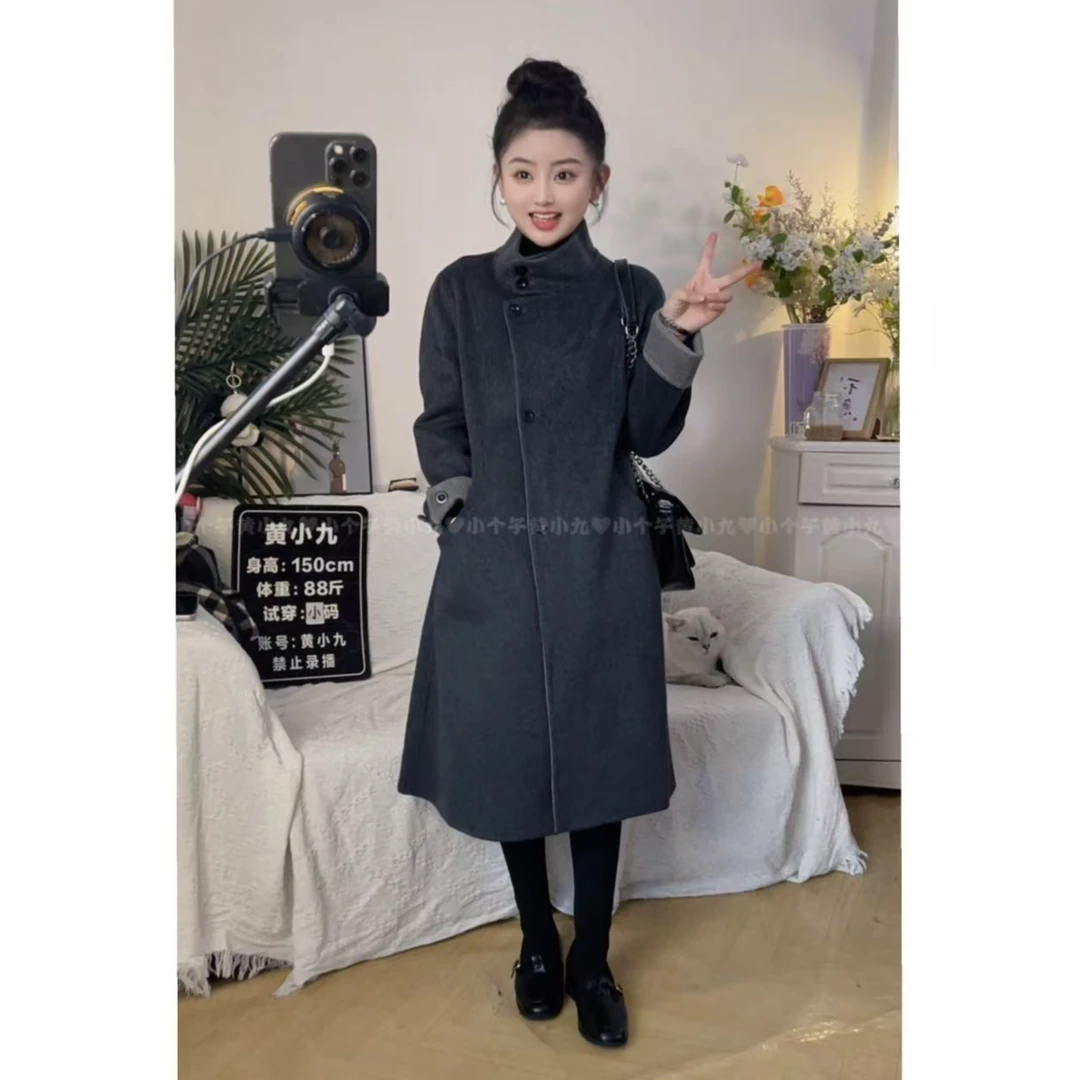 【小九定制】快衣布山羊绒+天丝气质百搭显瘦立领双色羊绒大衣8802