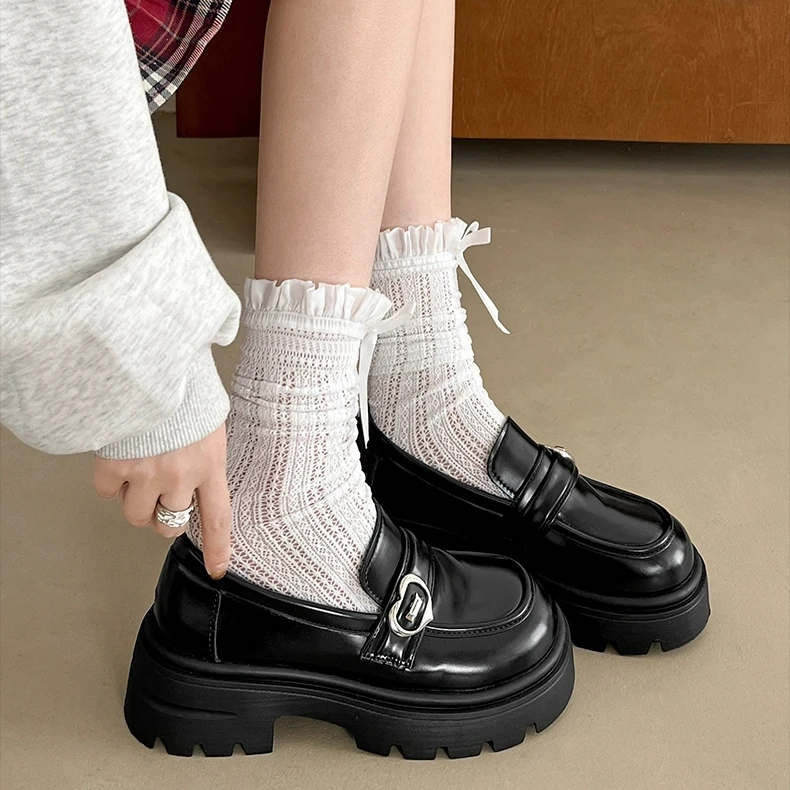 黑色法式复古粗跟厚底小皮鞋女2025新款秋冬英伦风一脚蹬乐福单鞋