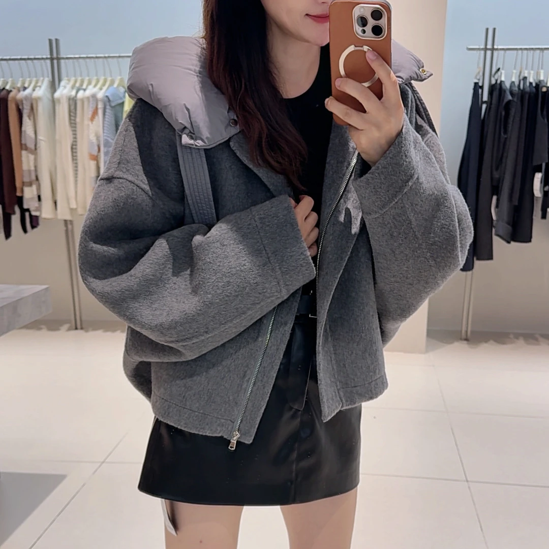 毛呢-135B103023艾家休闲风拼接连帽双面大衣