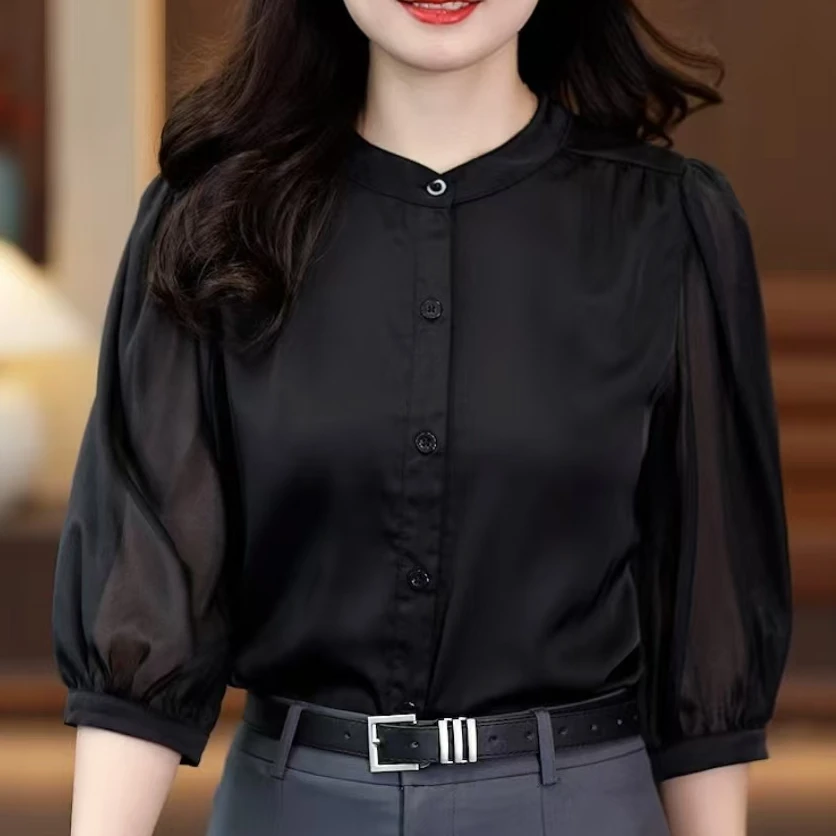 2025夏季衬衫女时尚流行新款宽松显瘦减龄衬衣冰凉丝气质上衣