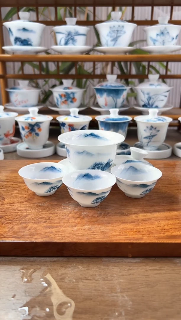 微瑕千里江山130ml三才盖碗+小玉兰杯3个