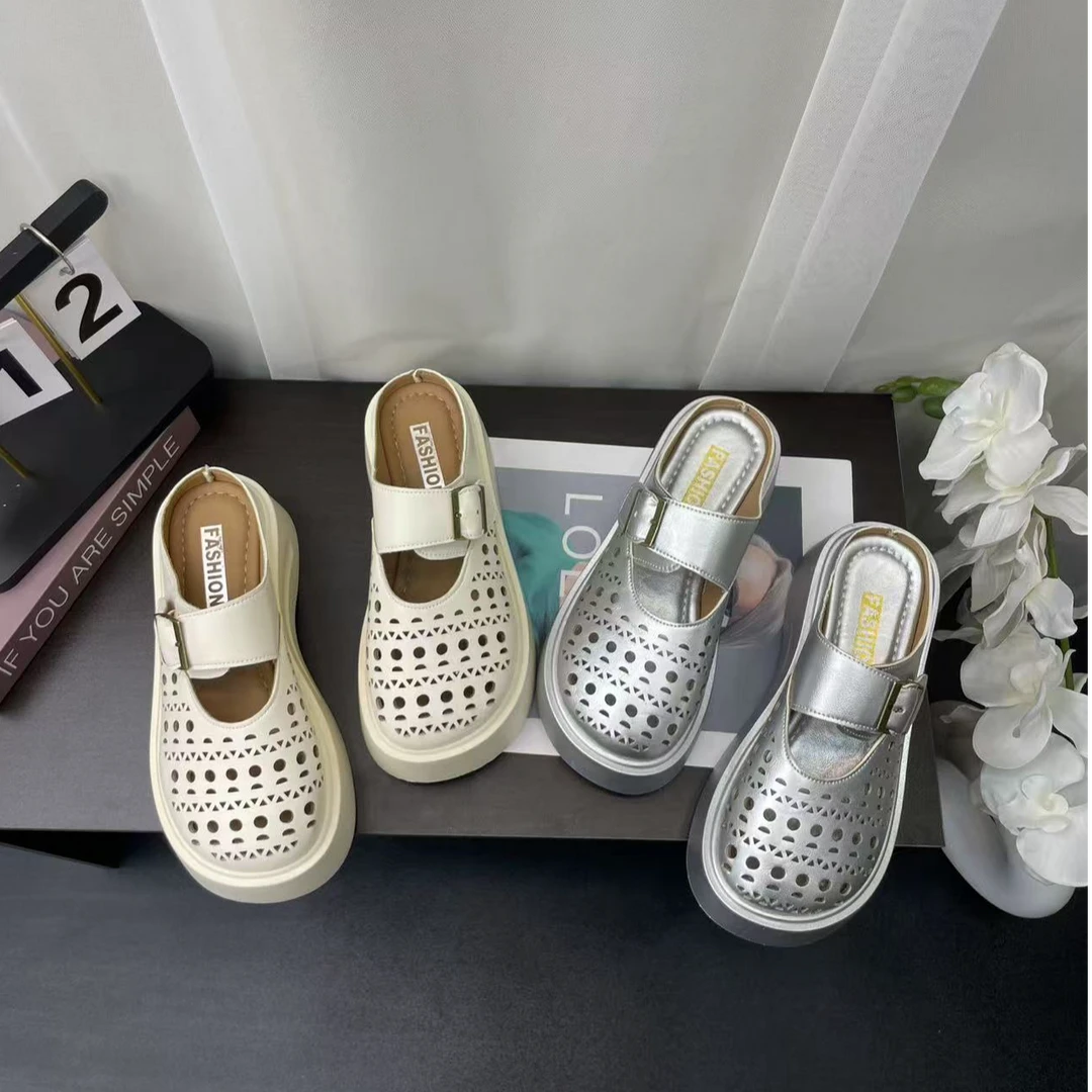 2025新款镂空包头半拖鞋女夏时尚季透气百搭增高厚底编织洞洞鞋