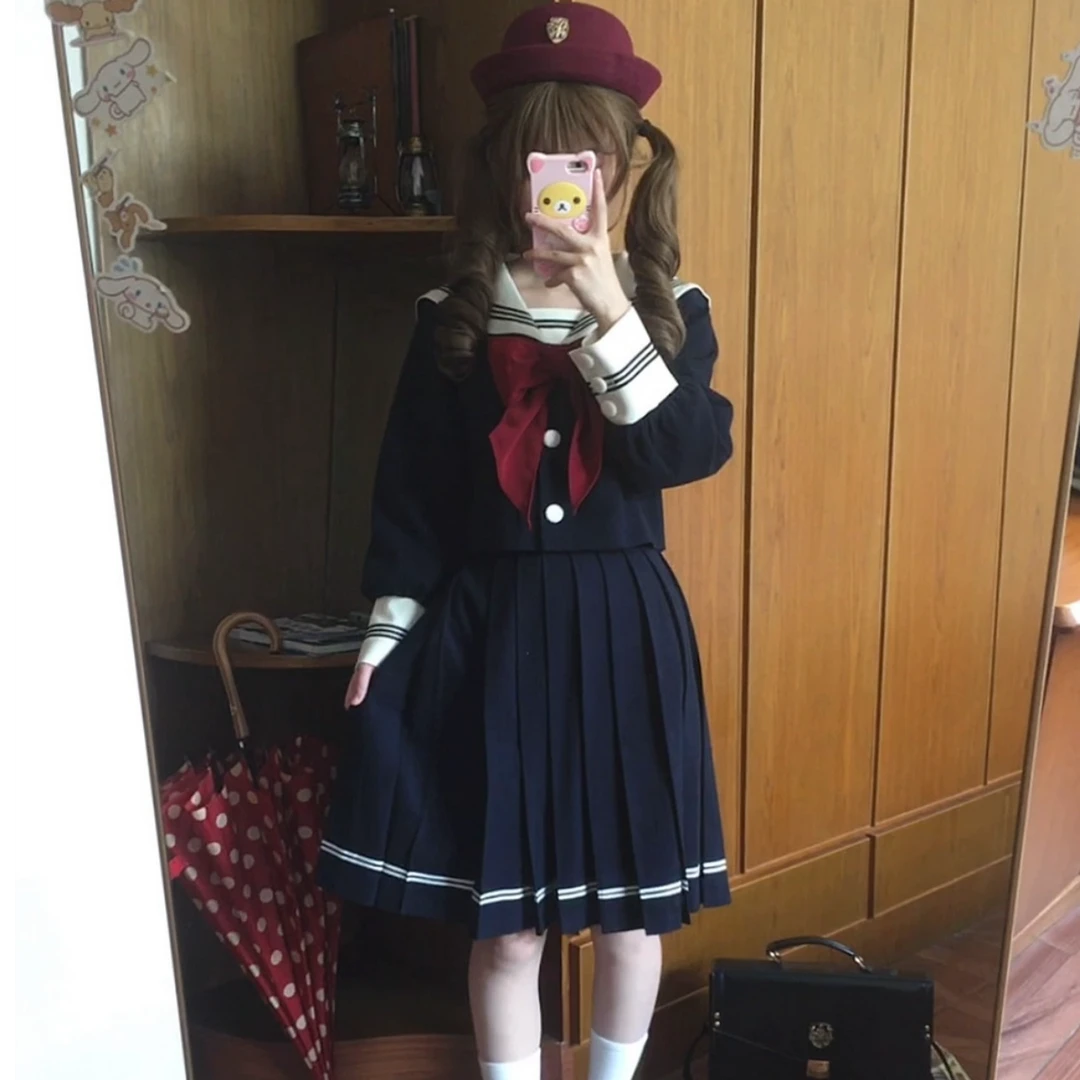 张不烦原创【春野女子】水手服黑色套装学院风秋冬长袖jk校服班服