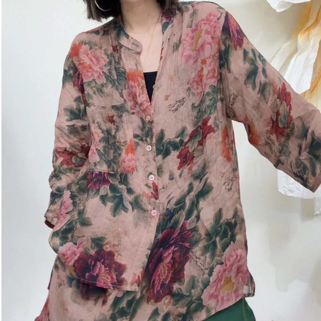 museguhui/木色古汇8561-1#时尚休闲夏季复古宽中国风印花苎麻衫