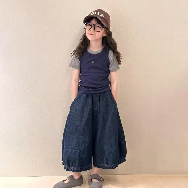 女童夏季套装拼色叠穿吊带2025新款夏季休闲百搭阔腿裙裤套装