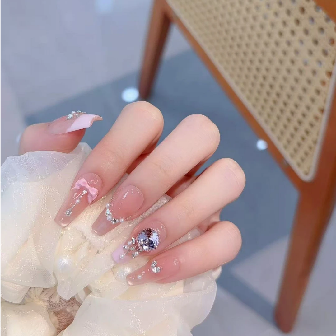 【玫瑰庄园】新款粉色法式超闪全钻纯手工穿戴甲附近高级感满满美甲