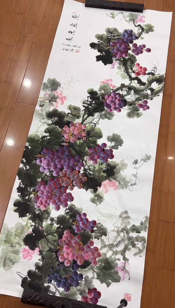 国画【直播福利，纯手工手绘】王九画葡萄横幅180*68
