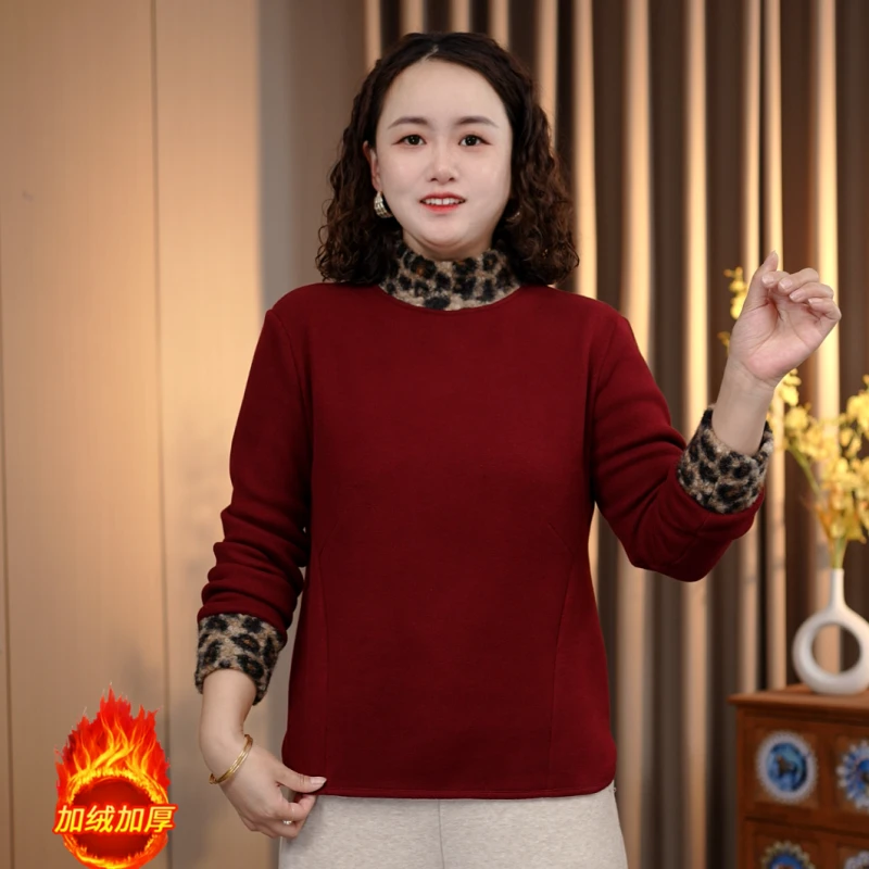 洋气妈妈女时尚打底卫衣拼接开叉加绒加厚保暖宽松长袖冬季豹纹领
