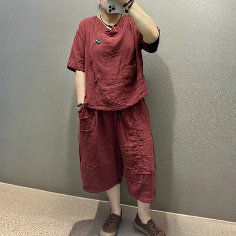 MF-302大码中式薄款短袖+七分裤(套装)宽松休闲(170斤以内)上衣