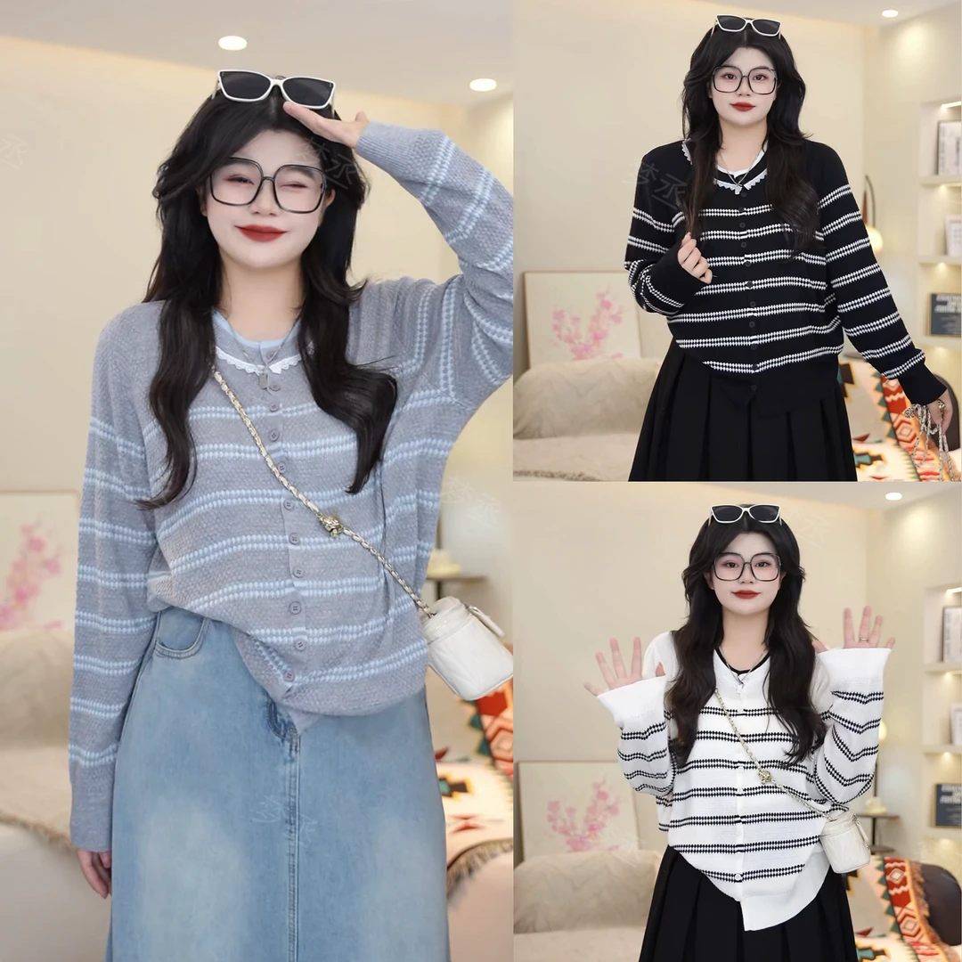 梦丞【冷调圆舞曲】大码女装柔软亲肤圆领谷波撞色宽松弹力针织长袖