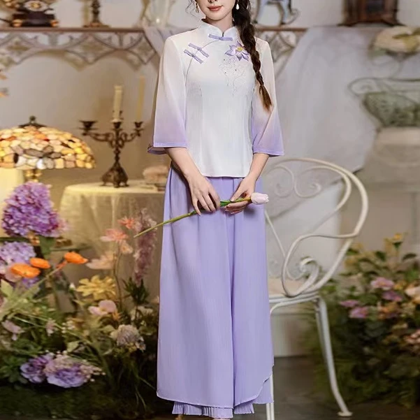 新中式国风立领斜襟手工盘扣刺绣复古改良上衣裙裤两件套套装120