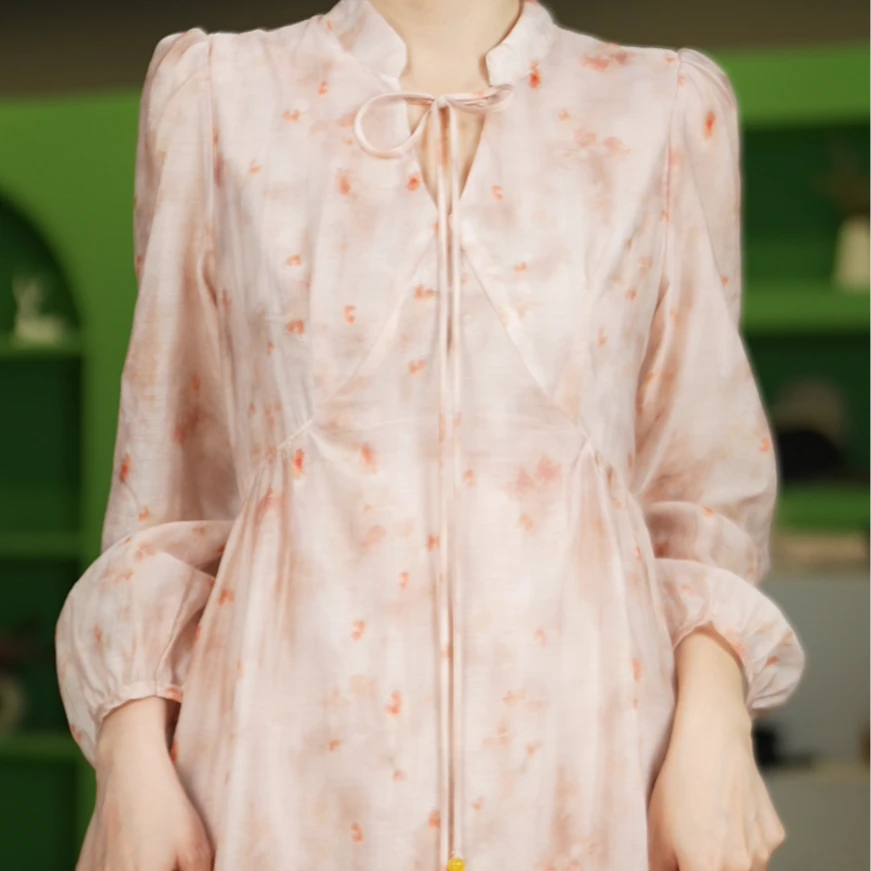 86X37复古气质时尚收腰显瘦长袖碎花连衣裙