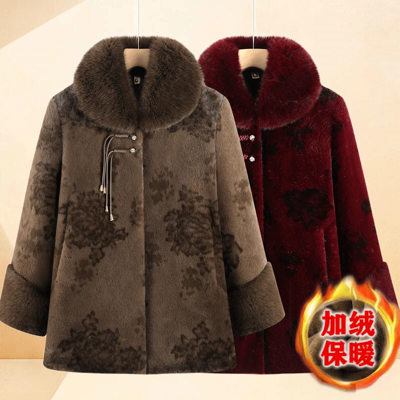 高档中国风加绒加厚保暖大衣妈妈冬装洋气棉衣北欧貂绒中老年外套