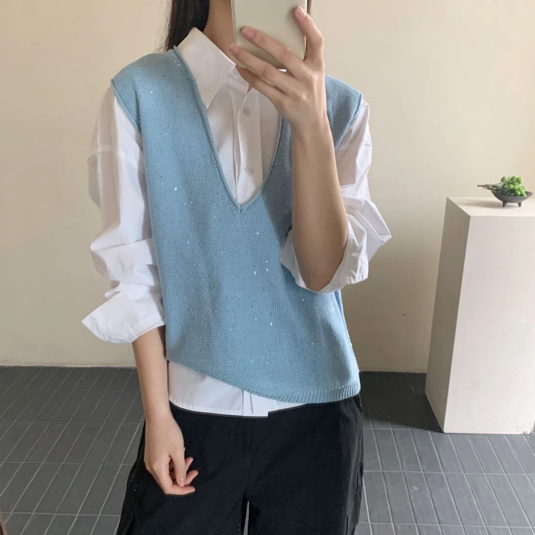 【素简.960176】春款上新星点亚麻宝藏上新时尚百搭背心针织衫