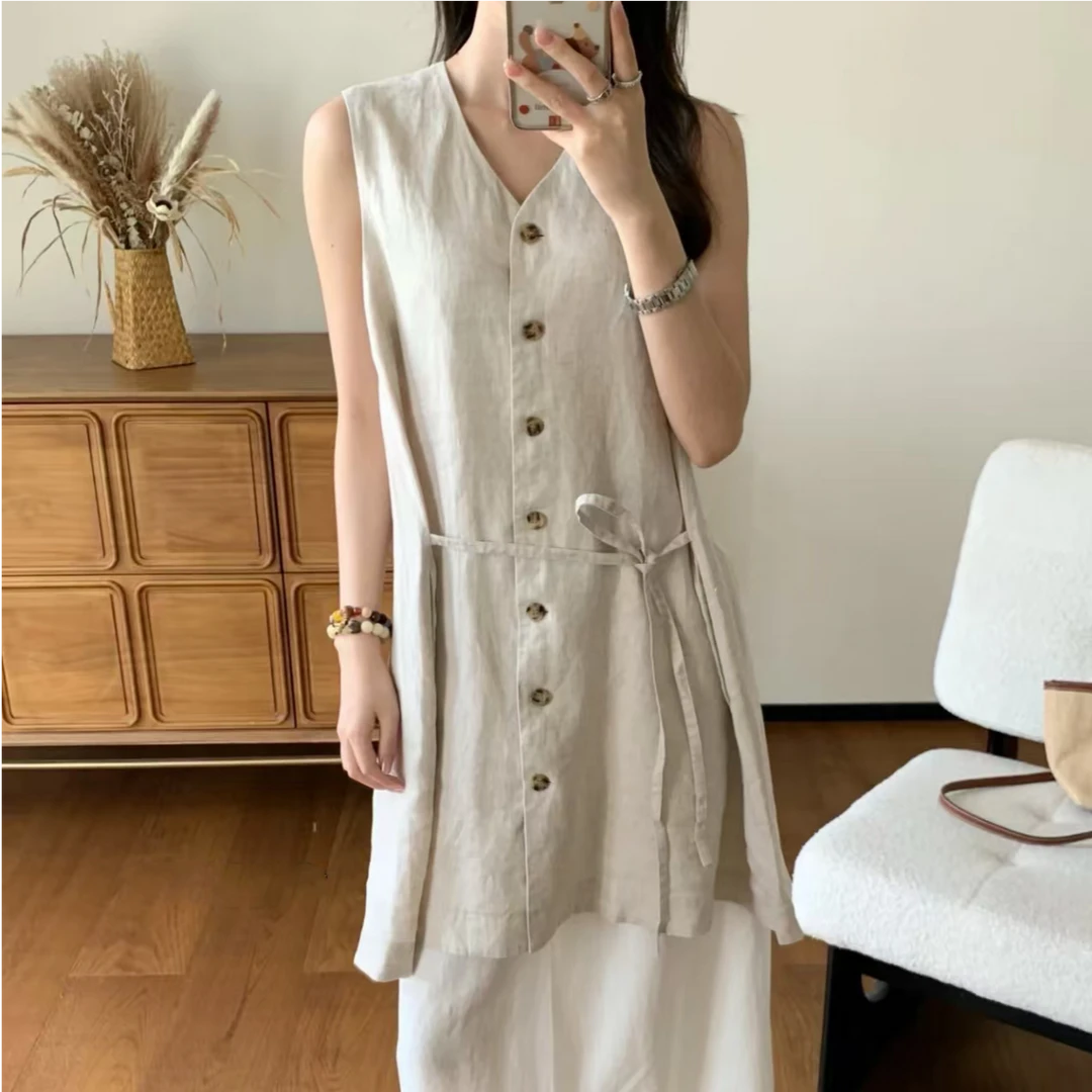 原麻色重磅夏季女士无袖连衣裙