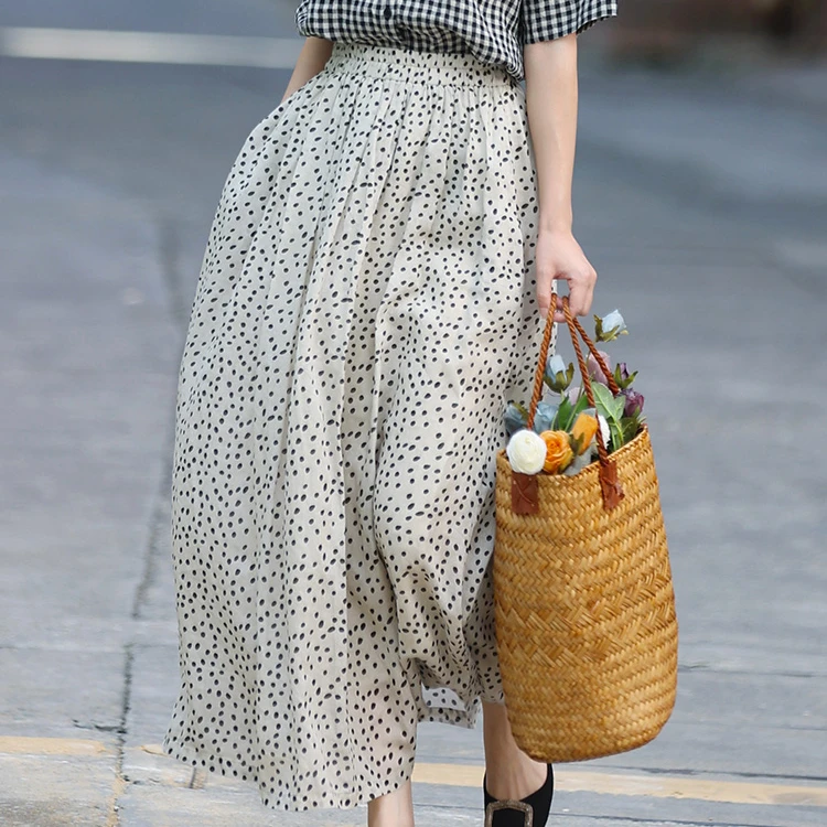 澳希美2025新款圆点中长裙半身裙碎花夏季休闲洋气裙子