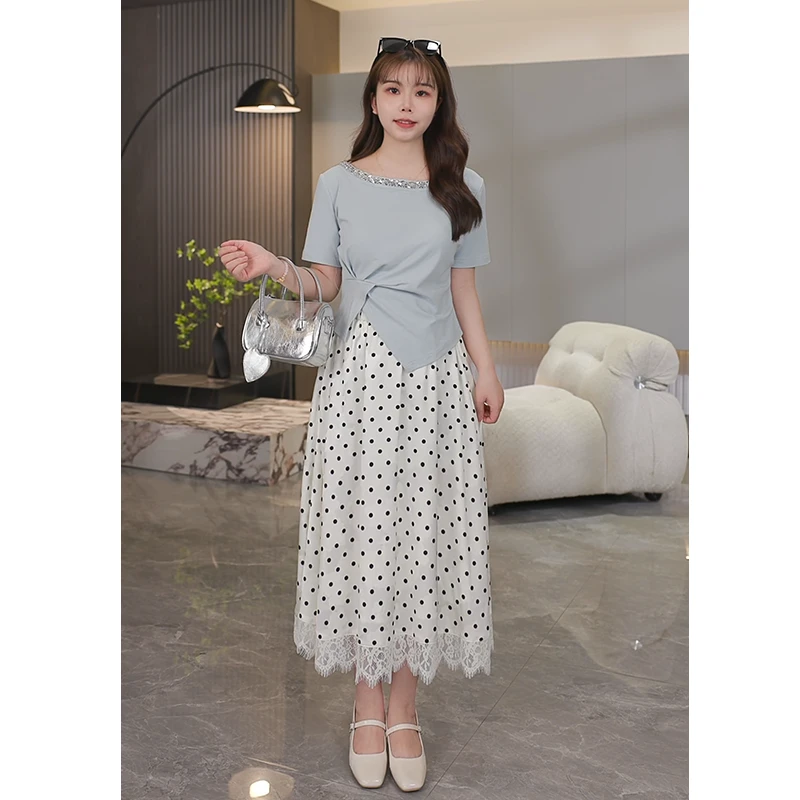 <汤汤>小个子波点半身裙蕾丝边显高显瘦设计感