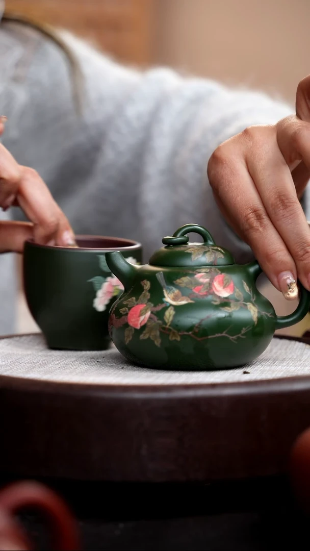 【闪购商品】紫砂茶壶民国绿葫芦壶泥绘桃+杯