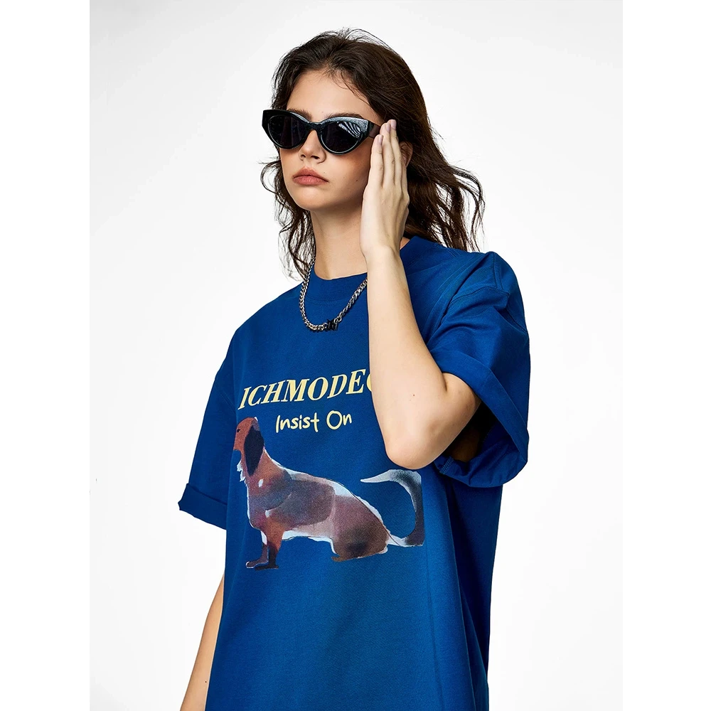 ICHMODE 美式复古腊肠狗短袖T恤纯欲慵懒风休闲情侣夏季宽松印花