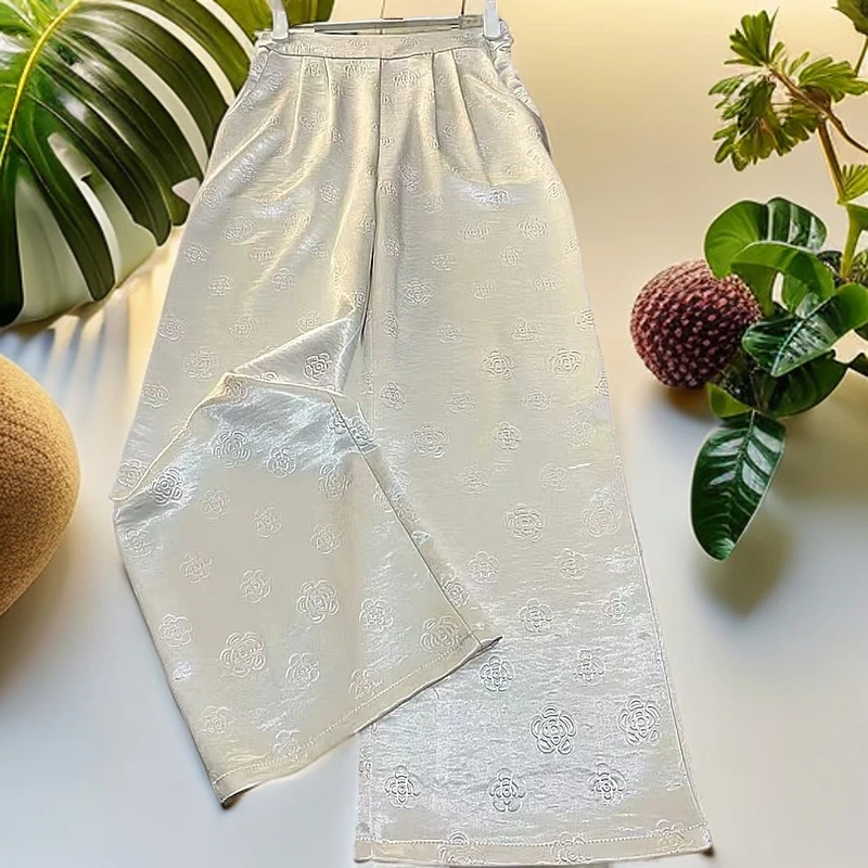 春季新款高腰国风显瘦窄版百搭宽松时尚休闲油料直筒外穿女长裤