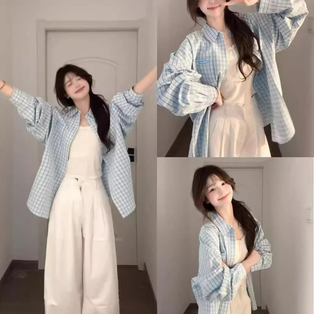 法式小清新蓝色格子衬衫外套女春秋季韩系穿搭慵懒松弛感开衫衬衣