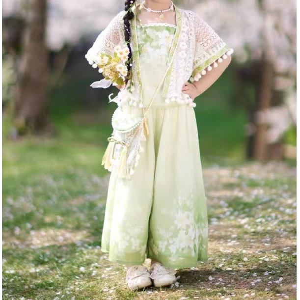 汉服女童夏季2025新中式唐装吊带裤子三件套古装国风套装中国风仙