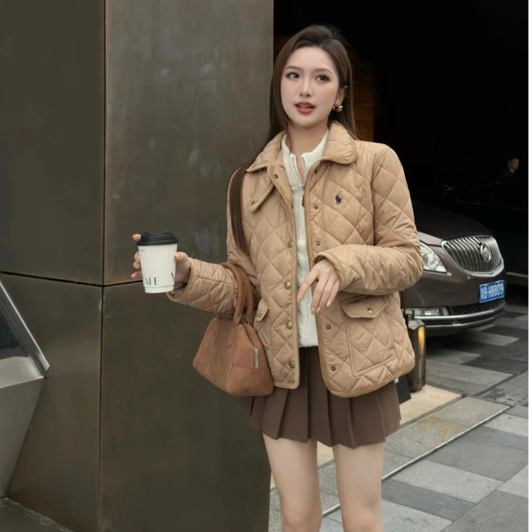 小马刺绣女极简菱形格小蛋糕棉服老钱风经典时尚外套