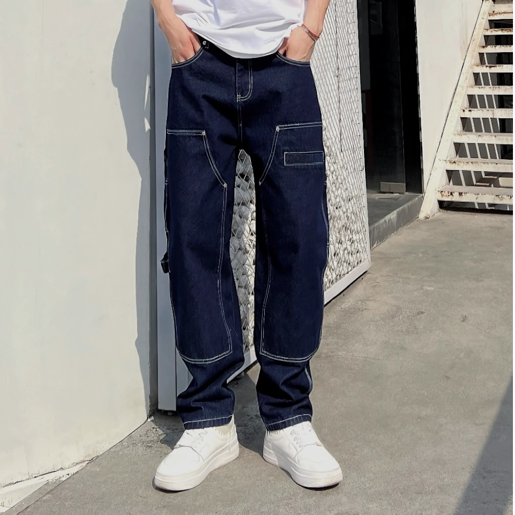 LUCHONG高级感靛蓝水洗牛仔裤 美式复古明线立体微锥宽松显瘦长裤