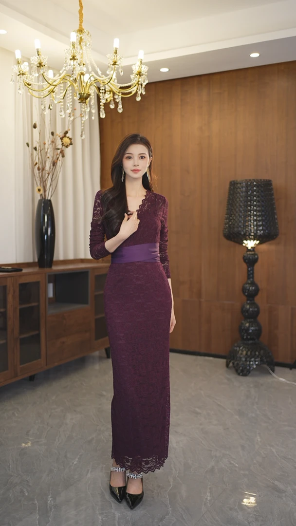 CICI定制 紫色蕾丝收腰包臀修身长袖V领连衣裙