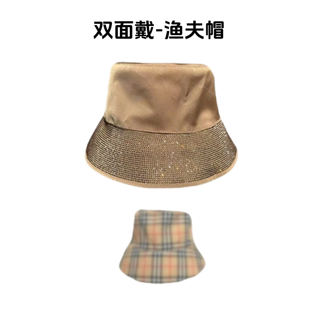 2025新款经典格子烫钻双面渔夫帽