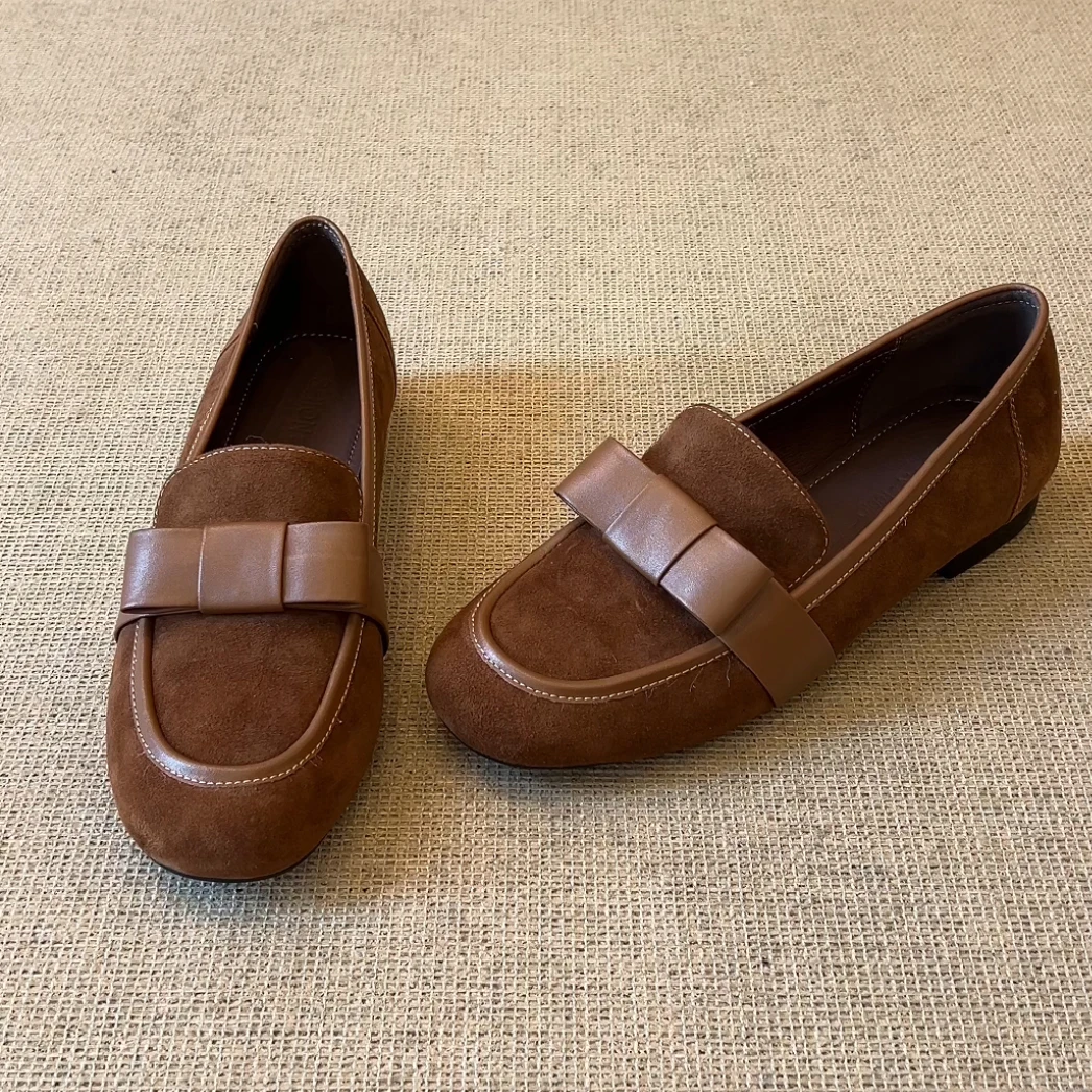 RubyL/2cm简约优雅复古风蝴蝶结百搭舒适一脚蹬圆头粗跟单鞋女款