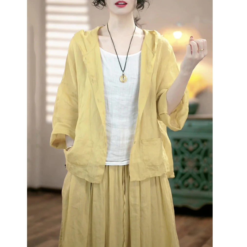 简约时尚减龄棉麻三件套女2025秋季新款气质宽松显瘦复古休闲套装