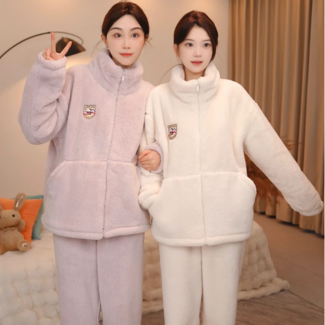 板栗小姐【萌熊熊H】冬季可外穿加厚双面绒拉链款时尚睡衣家居服