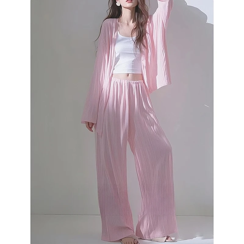 推荐现货！！春装搭配一整套松弛感韩系风格粉色条纹衬衫阔腿裤套装