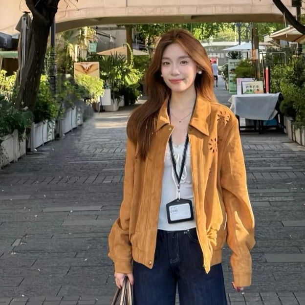 棕色复古设计感镂空印花外套女2025秋新款小个子休闲翻领时尚夹克