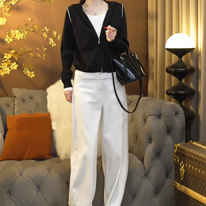 『舒适游行』早春拼接显瘦时尚百搭休闲假两件连帽针织衫毛衣上衣