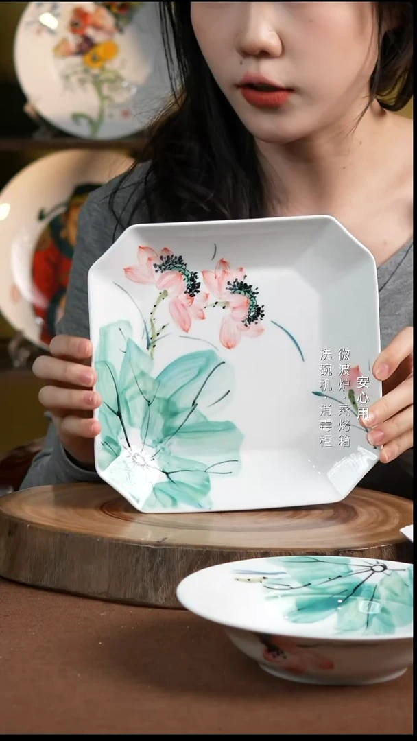 瓷?*綫景德镇高温手绘釉下彩八角盘粉荷