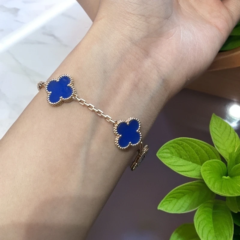 铜合金手链 女千金四叶草蓝色金色饰品镶嵌手链首饰轻奢时尚经典